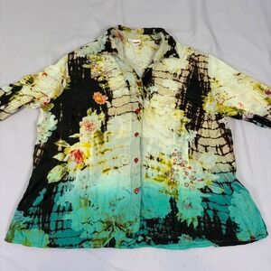 Tianello Women Floral Print Shirt XL Teal Black Art To Wear Embellished Boho